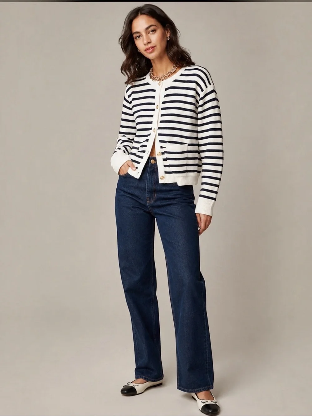 J. Crew Relaxed Emilie Sweater Lady Jacket Natural Navy Stripe Cardigan XL Boxy - Picture 1 of 10